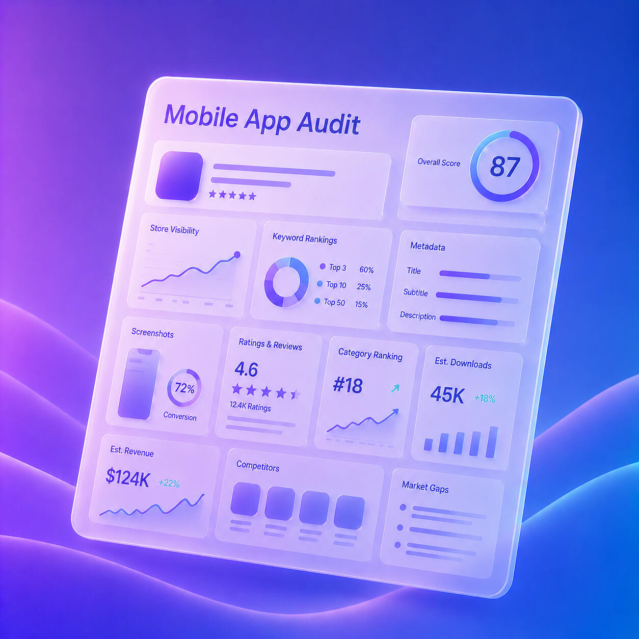 ASO Audit ASO audit report example showing keyword analysis and app store optimization insights