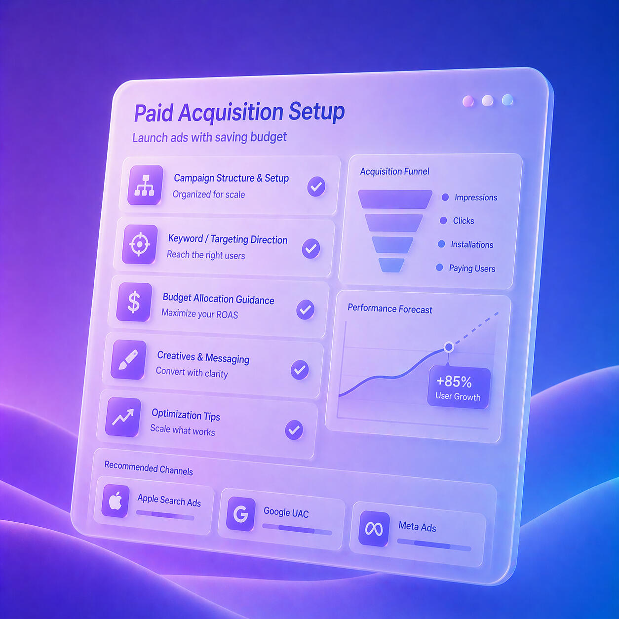 Paid Acquisition Clear and structured setup for Apple Search Ads, Google UAC, or Meta Ads — built to acquire users efficiently!